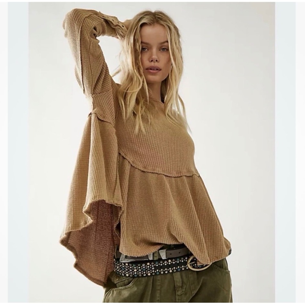 We the Free People XS Oh My Babydoll Waffle Knit Brown Swing Top Boho Oversized